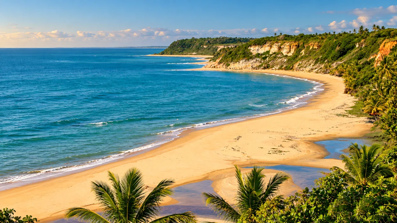 Releitura fotográfica com IA da costa da Praia do Espelho, baseada em fotografia de Gabriel Castaldini.